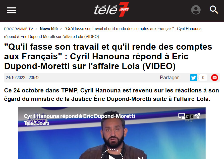Image : Télé 7 Jours, 24 octobre 2022 : Cyril Hanouna demande à Dupond-Moretti de faire son travail et de rendre des comptes aux Français