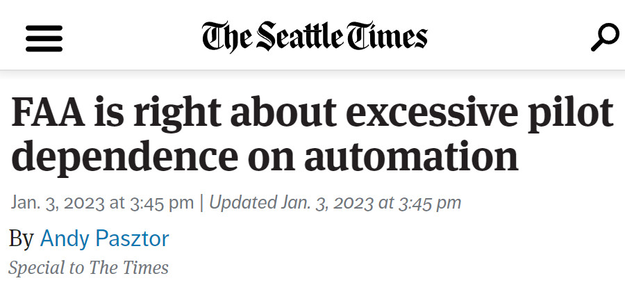 Image : The Seattle Times, 3 janvier 2023 : article d'Andy Pasztor sur les automatismes