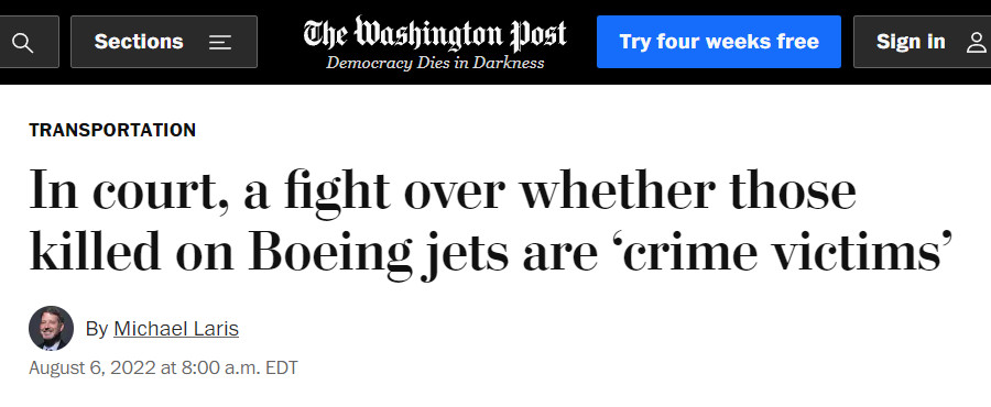 Image : The Washington Post du 6 août 2022 sur le conflit en hauts lieux concernant le statut des victimes de Boeing
