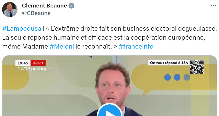 Image : tweet avec vidéo de Clément Beaune du 16 septembre 2023 sur son interview par France Info