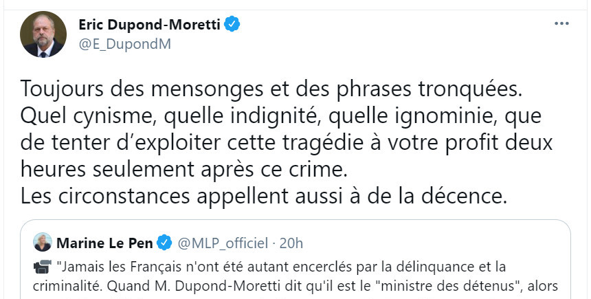Image : tweet de Dupond-Moretti contre Le Pen du 23 avril 2021