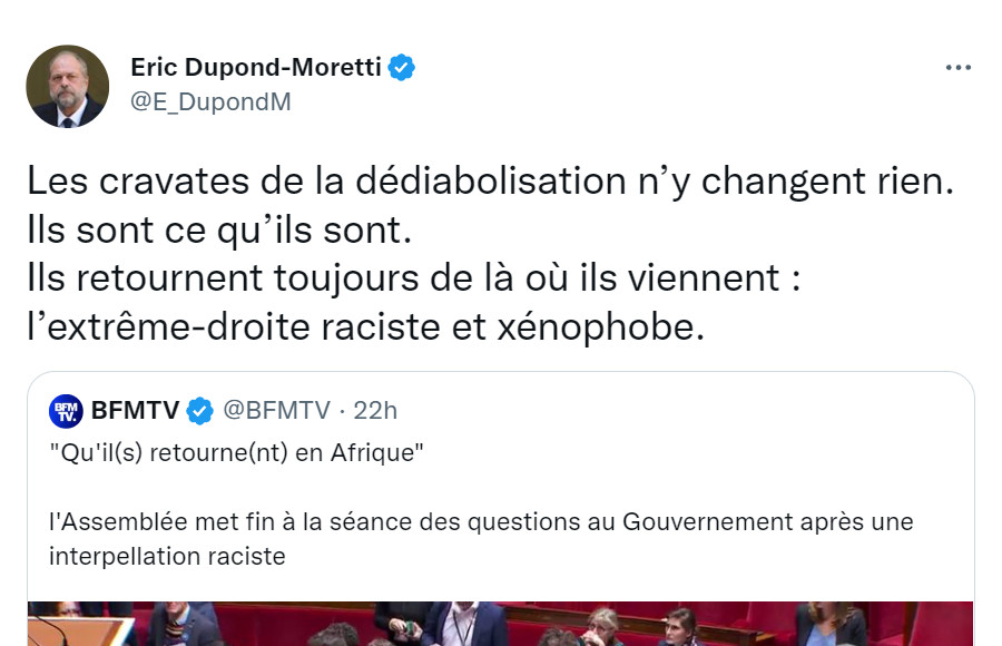 Image : tweet de Dupond-Moretti du 3 novembre 2022 sur le député RN Grégoire de Fournas