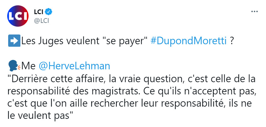 Image : extrait d'un tweet LCI du 2 juillet 2021 : Hervé Lehman et les magistrats