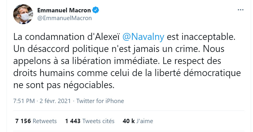 Image : tweet de Macron sur une décision de la justice russe