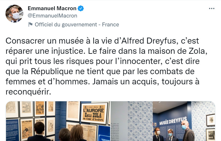 Image : tweet de Macron (inauguration du musée Dreyfus), 26 octobre 2021