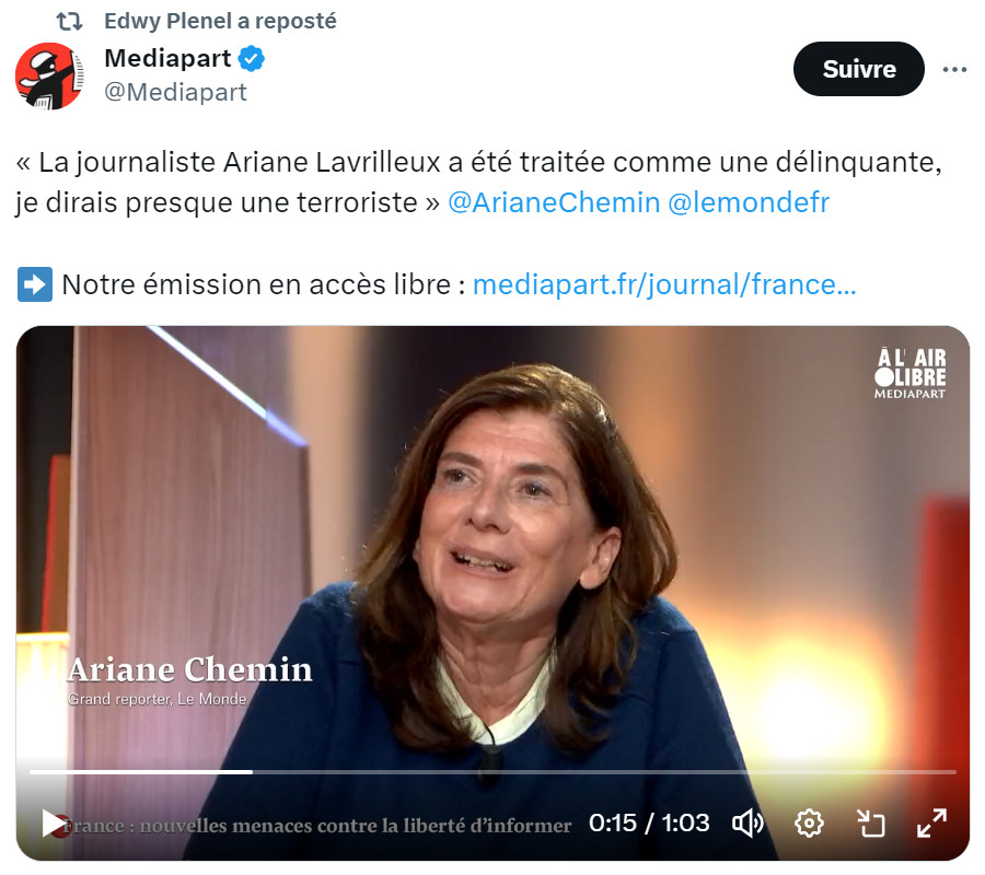 Image : tweet Mediapart, 21 septembre 2021, interview vidéo d'Ariane Chemin (grand reporter, Le Monde) sur l'affaire Lavrilleux (journaliste)