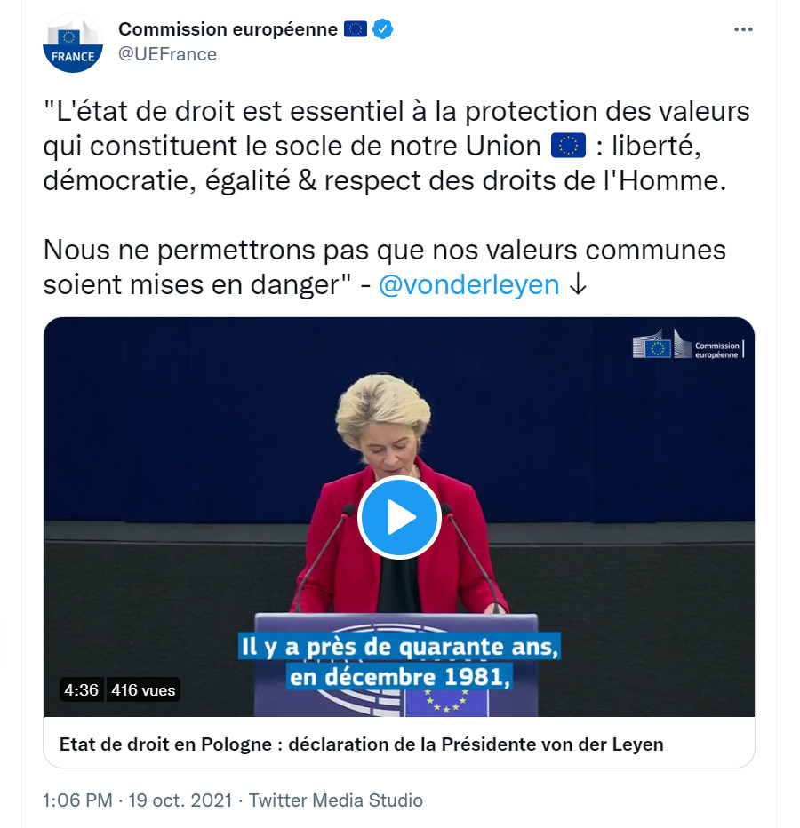 Image : Bruxelles, 19 octobre 2021 : von der Leyen s'adressant au Premier ministre polonais (tweet)