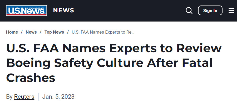 Image : U.S.News : dépêche Reuters du 5 janvier 2023 sur la création par la FAA d'un groupe d'experts pour évaluer les mesures de sécurité chez Boeing
