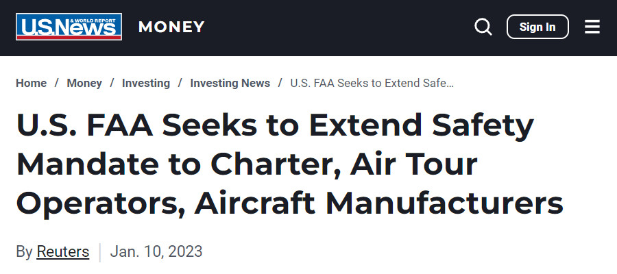 Image : U.S.News : dépêche Reuters du 10 janvier 2023 sur la FAA qui veut responsabiliser tous les acteurs du transport aérien en matière de sécurité des vols
