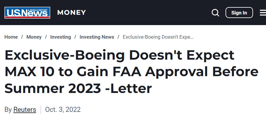 Image : U.S.News : dépêche Reuters sur le Boeing 737 MAX 10, la FAA, le Congrès et le sénateur Roger Wicker