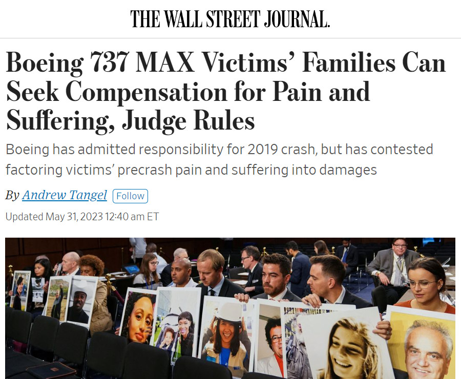 image : The Wall Street Journal, 31 mai 2023, sur les familles de victimes de Boeing (crash en Ethiopie du 10 mars 2019