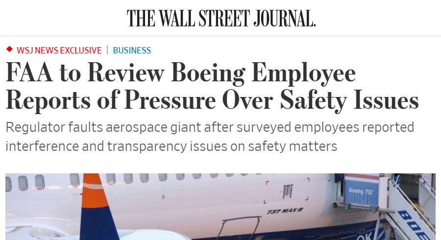 Image : The Wall Street Journal, 23 août 2021, sur Boeing et la FAA