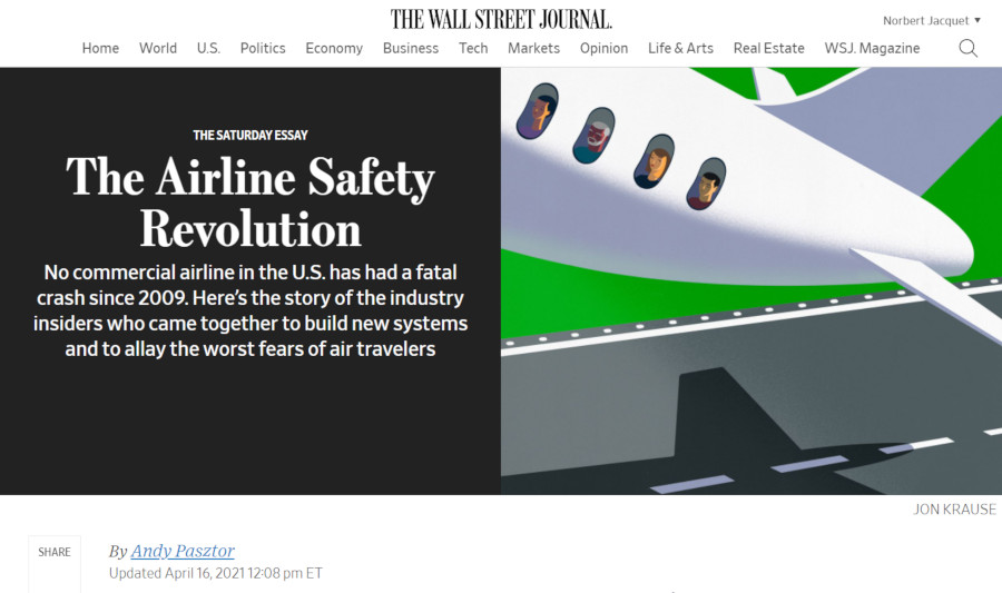 Image : The Wall Street Journal, 16 avril 2021, sur la sécurité aérienne aux Etats-Unis et dans le reste du monde